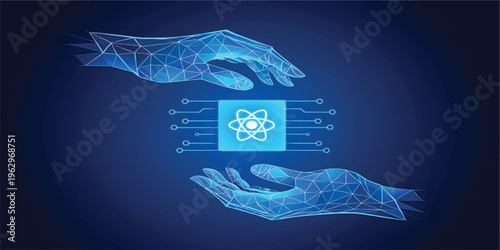 Two Digital Hands Holding AI chip with nuclear atom icon with circuit. Blue Low Poly Wireframe Illustration on Dark Blue Background. Science and Technology Innovation Concept. Vector illustration.