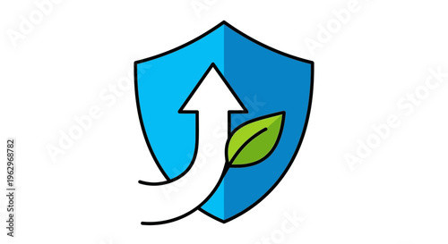 Shield with green leaf and white arrow.