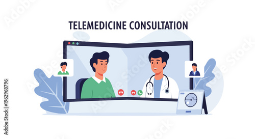 A telemedicine consultation scene with a patient and a doctor on a screen