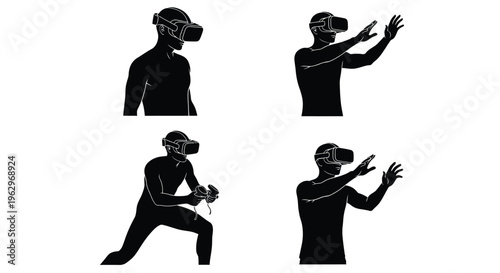 Black and white vector illustration set showing people interacting with virtual reality headsets and controllers