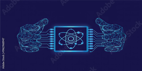 Two Digital Hands Holding AI chip with nuclear atom icon with circuit. Blue Low Poly Wireframe Illustration on Dark Blue Background. Science and Technology Innovation Concept. Vector illustration.