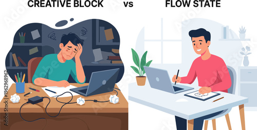 Two men working on laptops in different environments, one stressed, the other focused.