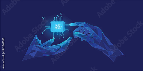 Two Digital Hands Holding AI chip with nuclear atom icon with circuit. Blue Low Poly Wireframe Illustration on Dark Blue Background. Science and Technology Innovation Concept. Vector illustration.