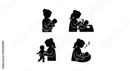 Vector graphic illustration depicting a mother's daily routine caring for her baby and toddler through various stages.