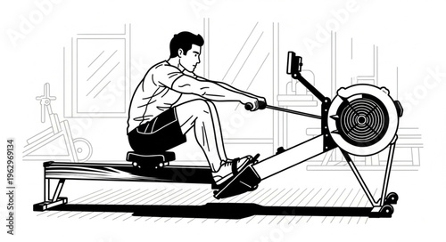 Man exercising on rowing machine indoors.