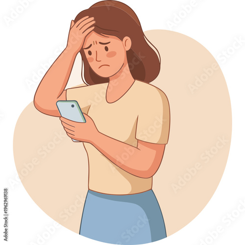 Woman feels stressed while checking her phone in a worried state indoors