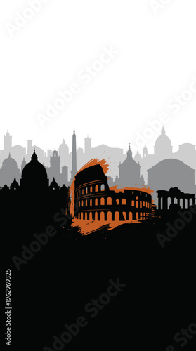 Silhouette of the Colosseum in Rome against a backdrop of iconic city landmarks and domes, rendered in a minimalist graphic style.