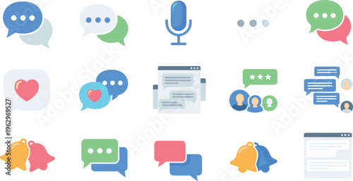 Messaging and Communication Icon Set with Chat, Voice, Notifications, Reviews, Social Interactions, and Feedback Elements