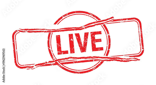 Red rubber stamp with the word live inside a distressed rectangular frame