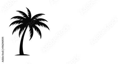 Palm tree silhouette with its distinctive fronds stands tall on a small piece of ground against a bright white background.
