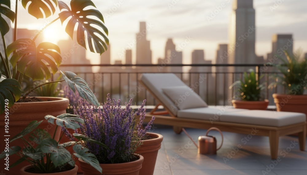 Fototapeta premium Balcony garden with potted plants overlooking city skyline sunset