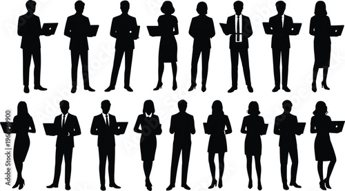 Large collection of professional business silhouettes with laptops and tablets representing a diverse corporate workforce for technology, digital communication, global networking, 