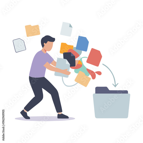Man throwing colorful documents into a trash can in office