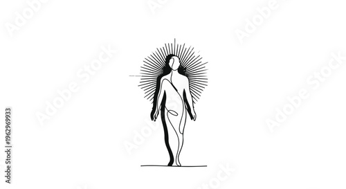 A minimalist line art illustration depicts a human figure radiating light, symbolizing inner peace or personal enlightenment against a white background.