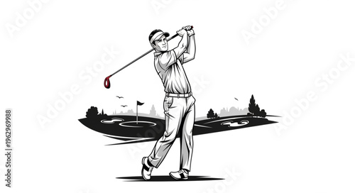 Man swinging golf club with force.