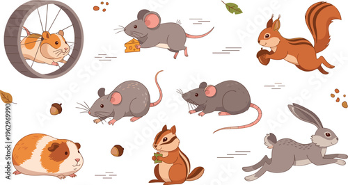 Cute Small Animals Set Featuring Guinea Pigs, Mice, Squirrels, Rabbits, and Hamsters in Playful and Active Poses