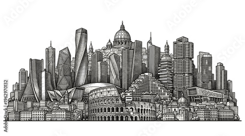 A detailed, monochromatic illustration of a sprawling cityscape, blending iconic global architectural landmarks with modern skyscrapers, creating a surreal urban panorama.
