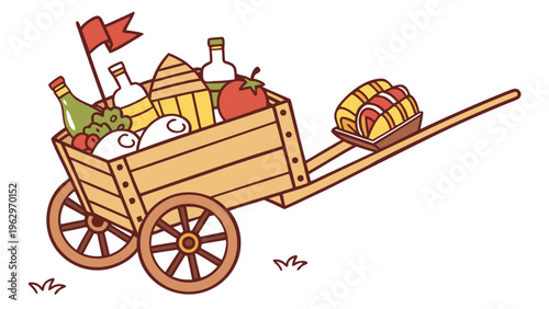 Cartoon wooden wagon with bottles and food for father's day german vatertag celebration in nature with bollerwagen
