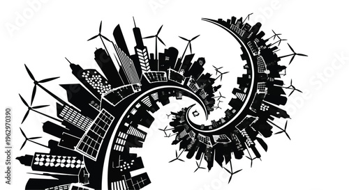 Cityscape silhouette forming a captivating spiral design, featuring modern buildings and numerous wind turbines, symbolizing sustainable urban development and renewable energy.