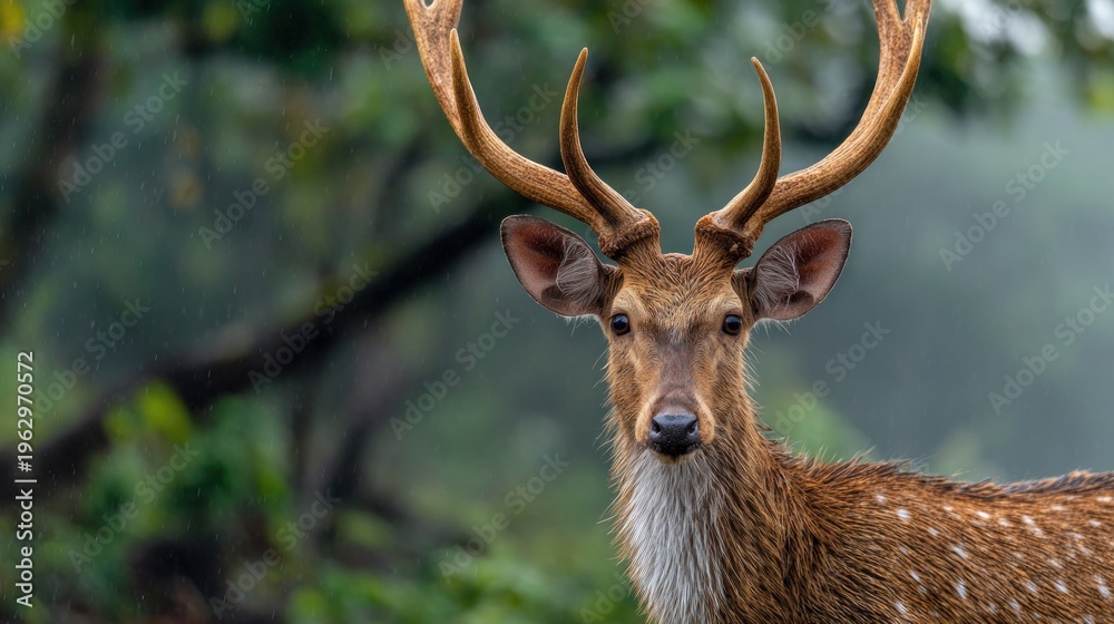 Fototapeta premium Majestic spotted deer portrait in lush woodland background, wildlife concept