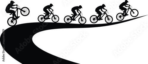 Black silhouette sequence of a mountain bike rider performing a manual wheelie stunt while cycling on a winding uphill trail