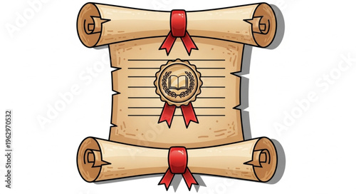 Antique Scroll with Red Ribbons and Seal - A Symbol of History.
