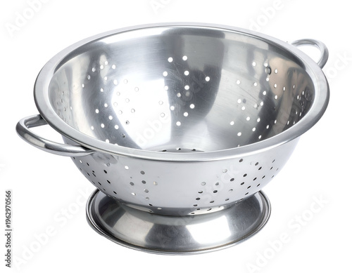 Stainless steel kitchen utensil with perforations and two handles