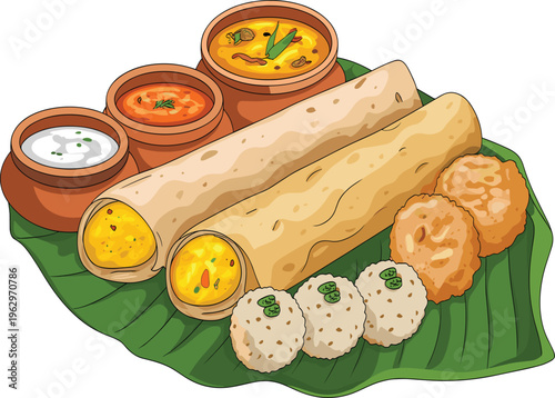 South Indian breakfast thali with masala dosa, idli, vada, sambar, and chutney on banana leaf