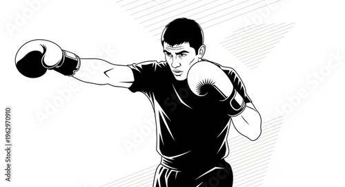 Young Man Wearing Boxing Gloves Punching.