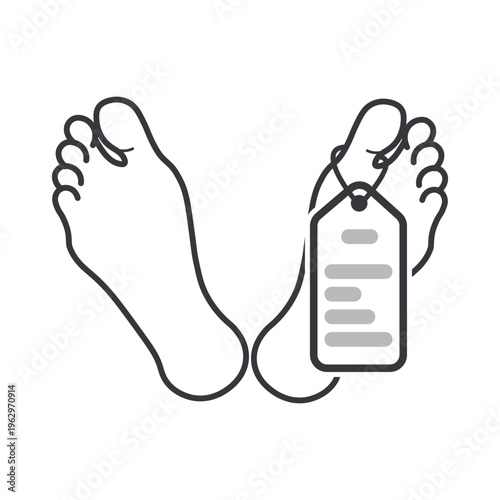 Isolated monochrome outline illustration of corpse feet with identification toe tag tied on big toe representing deceased, morgue, and forensic record symbol