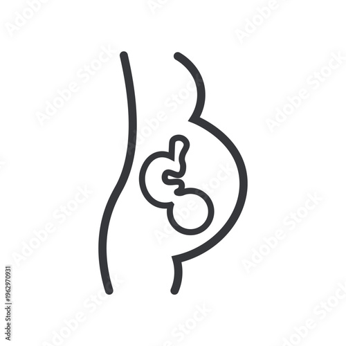 Isolated outline pictogram of pregnant belly with baby inside uterus representing pregnancy, maternal health, prenatal care, and human development concept