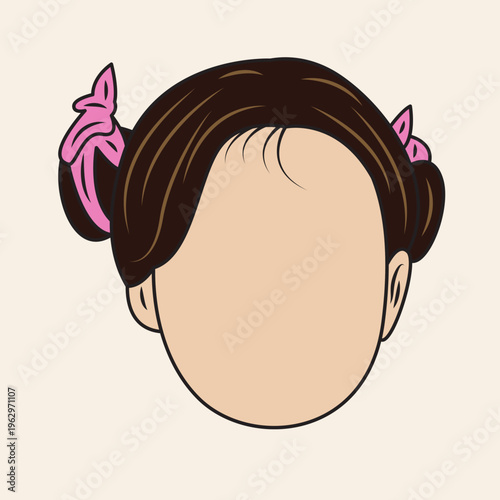 A cartoon illustration of a child's head with dark brown hair styled in two pigtails with pink bows, on a light background.