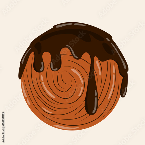 Delicious round swirled pastry generously topped with rich dark melted chocolate dripping down its sides.