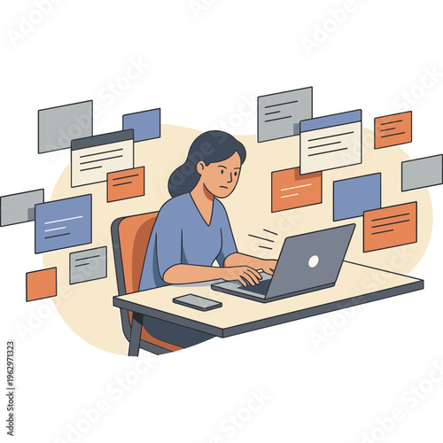 Woman sits working intently on laptop surrounded by floating documents in office