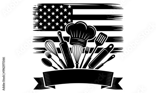 Vector Illustration of Cooking Tools with American Flag and Chef Hat