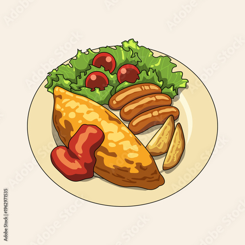 A plate of golden-brown pastry, sausages, potato wedges, and a fresh green salad with tomatoes, served with red sauce.