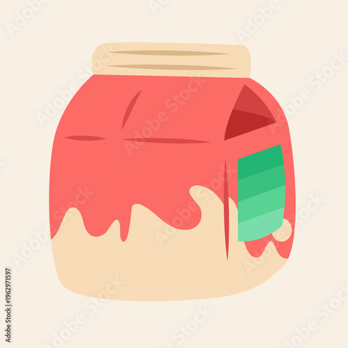 A cartoon illustration of a red and beige jar with a green label.