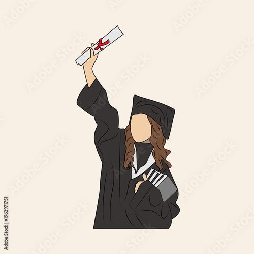 A minimalist illustration of a graduate in a cap and gown holding a diploma triumphantly.