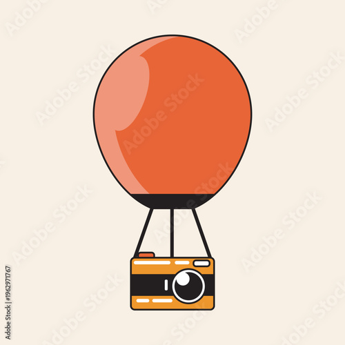 A minimalist illustration of an orange hot air balloon carrying a vintage camera, symbolizing aerial photography and adventure.