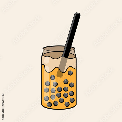 A cartoon illustration of a glass of boba tea with a black straw, filled with yellow liquid and dark tapioca pearls.
