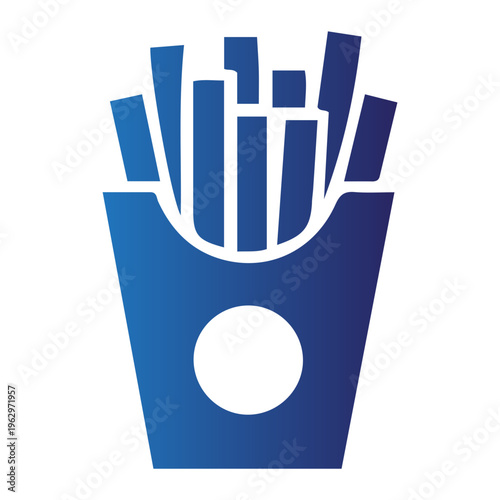 A vibrant blue graphic illustration of a container filled with fries.