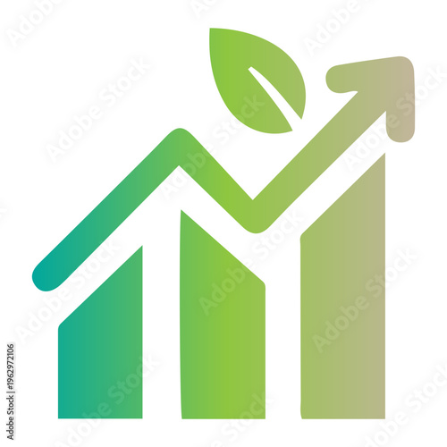 A green graph with an upward trend and a leaf on top indicates growth.