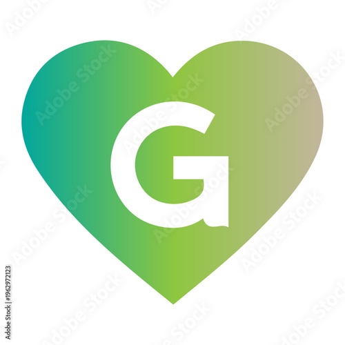 A large green heart with a white letter on it symbolizes love.