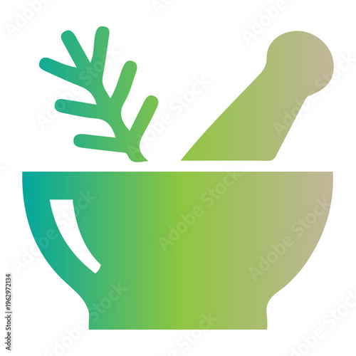 A mortar and pestle with a plant inside the bowl on a table