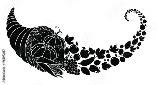 A curving cornucopia overflows with various harvest items like pumpkins, fruits, and leaves, rendered in a solid black silhouette style.