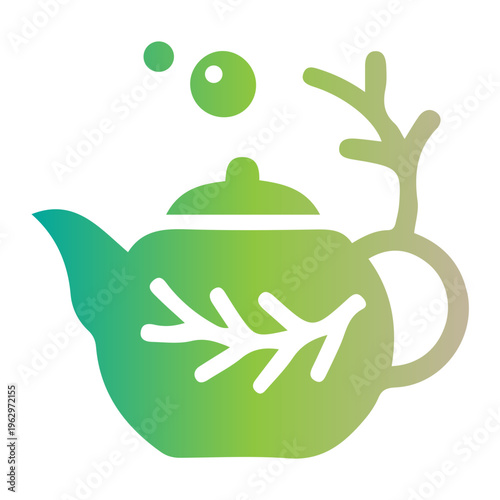 A green teapot with a leaf design emits steam near an antler on a plain background.