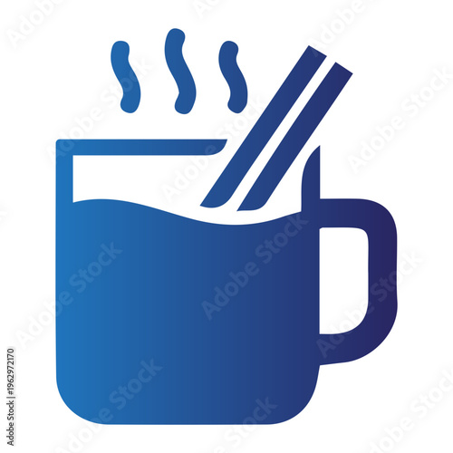 A steaming mug with a stirrer sits on a table indoors.