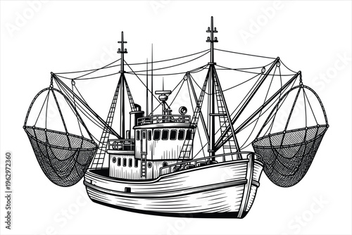 Fishing Boats Vector Art with net