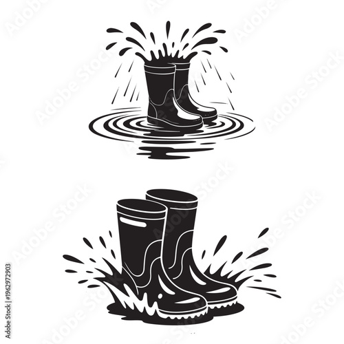 Rubber boots splashing in water puddles vector illustration set