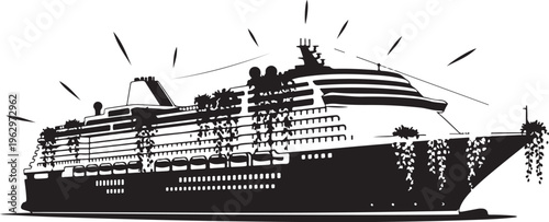 Black cruise ship with motion lines white background